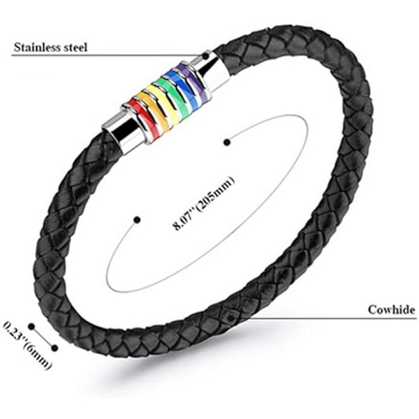Flätad läderarmband Svart armband, rostfritt stål, regnbågsarmband LGBT Pride Happy Pride, män kvinnor unisex