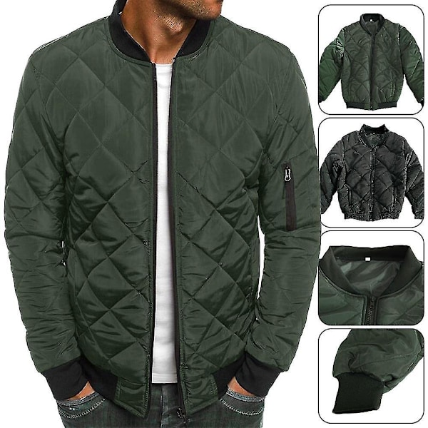 Herr Quiltad Vadderad Pufferjacka Bomber Vinter Varm Dragkedja Upp Rock Military green 2XL