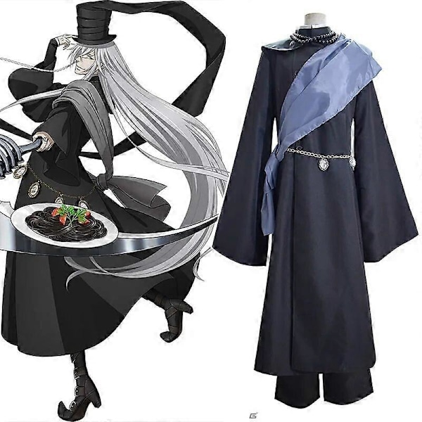 Black Butler Kuroshitsuji Undertaker Cosplay Kostym Halloweenfest Kostymer Skräddarsydda Full Set Hatt Kedja och Wig S