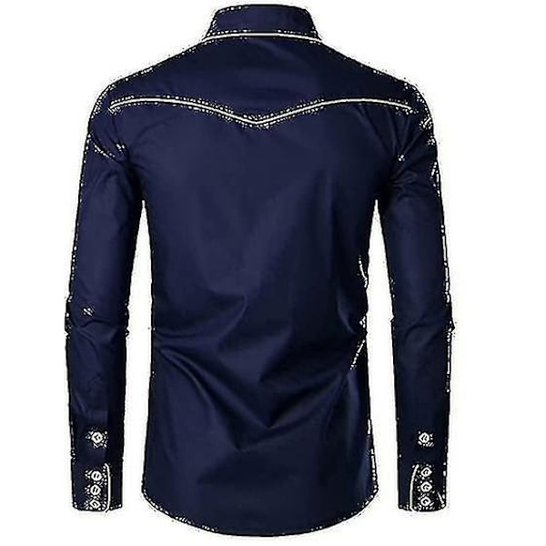 Herre Western Cowboy Skjorte Broderet Langærmet Casual Slim Fit Knap Skjorte navy blue S