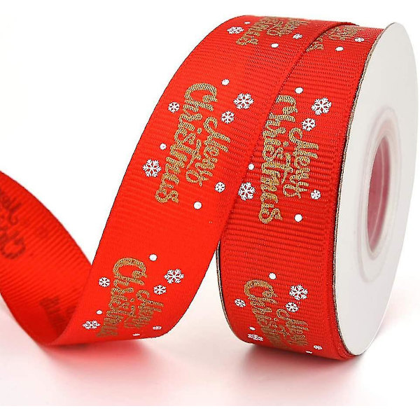 Bånd med 'Glædelig Jul' og snefnugdesign - Til håndværk og gaveindpakning - Rød - 9,1 m lang og 2 cm bred