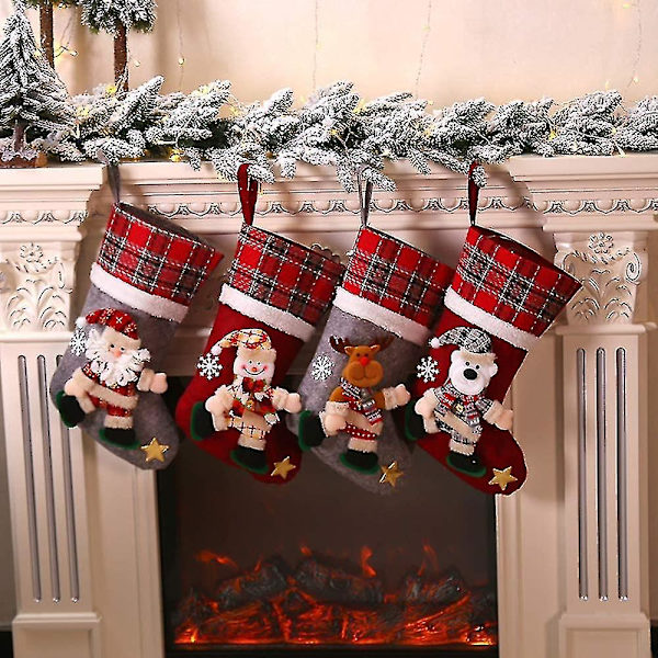 4 st julstrumpor, stor julstrumpa, julklappspåse, björn, älg, snögubbe, tomtenisseprydnad, godispåse juldekoration strumpa