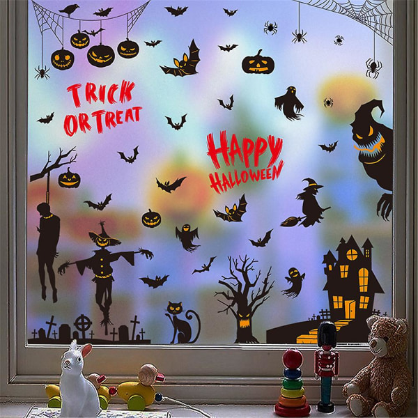 Spöklika fönsterdekaler fladdermöss spindlar Halloween dubbelsidiga avtagbara dekaler för hemsökta hus fönsterdörrar dekorationer