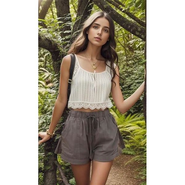 Shorts Sommer Snøring Bomull Elastisk Midje Ensfarget Casual Shorts med Lommer L Hs-dark-grey