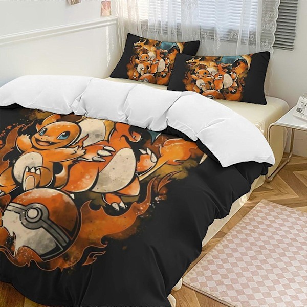 v218 Sängkläder Pokmon Charizard 3-delars Set Full/Queen Size - Vändbara Mikrofiber Täcken med Örngott Mjuka Lätta Överkast C 135x200cm 53x78in