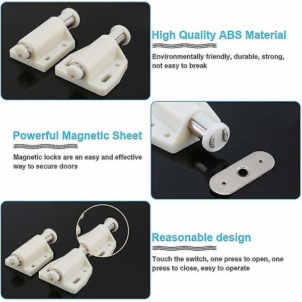 Magneettinen salpa, muovinen magneettilukko, pehmeästi sulkeutuva magneettilukko oveen, kaappiin, laatikkoon, kaappiin, liukuoveen, makuuhuoneeseen, keittiöön, kylpyhuoneeseen, 6 kpl, valkoinen