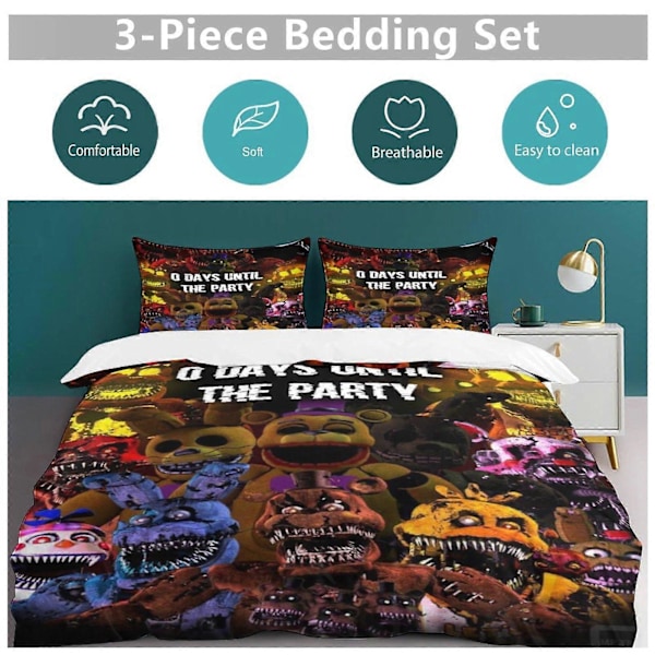 x577 Five Nights at Freddy's Dynetrekk Mikrofiber Sengetøy Sett 3D Trykt Lettvekt 3-delt Dynesett, 1 Dynetrekk og 2 Putetrekk 135x200cm 53x78in