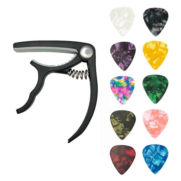 Guitar Capo Pick Set Plastic Stainless Steel Spring Guitar Accessories with 10pcs Picks for Replacement