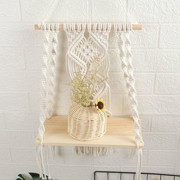 Boho Macrame Seinähylly Käsintehty Kudottu Tupsu Gobeliniteline Puinen Kelluva Säilytysteline H Fo (haoyi)