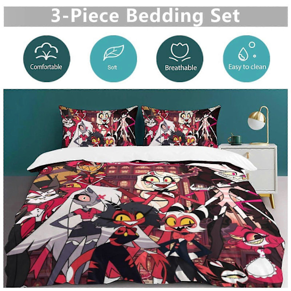 a1053 Hazbin Hotel 3-delt sengesett Mykt, varmt og komfortabelt sengesett med 1 dynetrekk og 2 putetrekk for soverom jfr1053 135x200cm 53x78in
