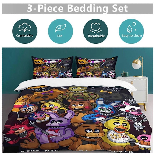 x253 Five Nights at Freddy's FNAF Dynebetræk Mikrofiber Sengelinned Sæt 3D Printet Letvægts 3 Dele Dynesæt, 1 Dynebetræk Og 2 Pudebetræk 240x260cm 94x102in