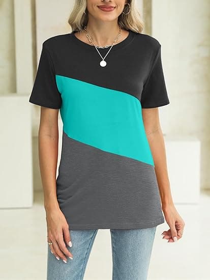 Kvinders farveblok kortærmede T-shirts Afslappede toppe med rund hals Basic sommer løs pasform T-shirt