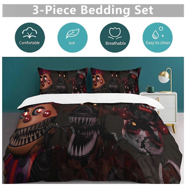 v1222 Five Nightat Freddy Quilt Sæt Tyk Blød 3 Dele Sengesæt Helårs Dynebetræk med 2 Pudebetræk til Voksne Kvinder Piger Teenagere Hjem Værelse 240x260cm 94x102in