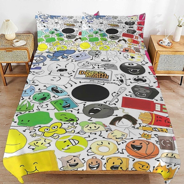 x244 Battle for Dream Island BFDI Peittopussilakana Mikrokuitu Vuodevaatesetti 3D-tulostettu Kevyt 3-osainen Peittosetti, 1 Peittopussi ja 2 Tyynyliinaa 135x200cm 53x78in