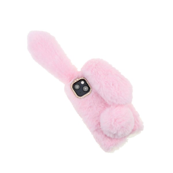 Blødt Håndlavet Fluffy Plysset Sød Kanin Stilfuld Etui Rhinestone Bueknude TPU Skal til iPhone 13 6,1 tommer - Pink