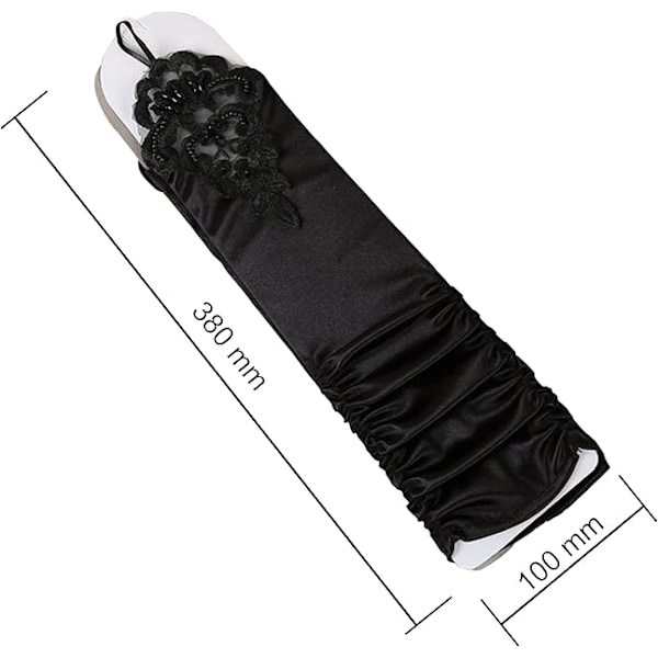 1 par lange elastiske fingerløse handsker til kvinder Spids Opera Aftenhandsker Satinhandsker til Halloweenfest, bryllup, koncert (sort)