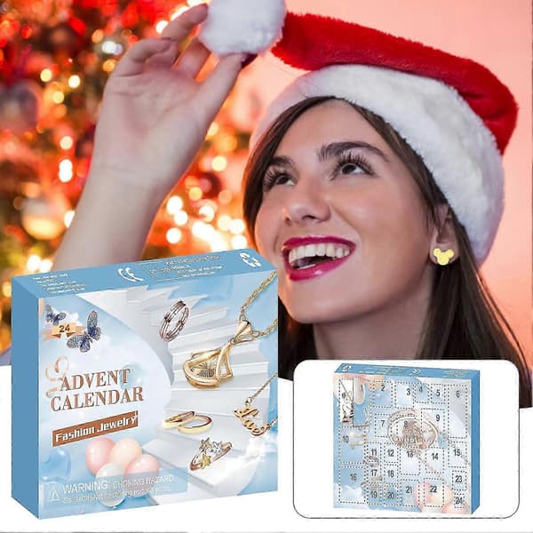 24 Dages Julekalender Smykker Halskæde Ringe Øreringe Nedtælling Blue