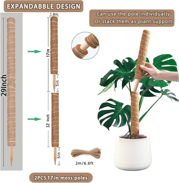 Moss Pole, 2-pack 43 cm Monstera Plant Support for Climbing Plants Accessories Indoors, Stackable Moss Poles Plant Support Stakes, Coir Plant Stick