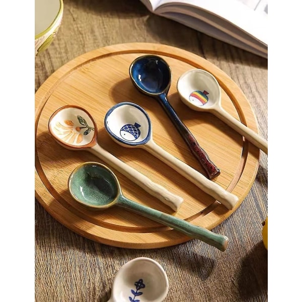 Japansk stor skje, store suppeskjeer med søtt håndmalt mønster, håndknad (2 stykker) - A