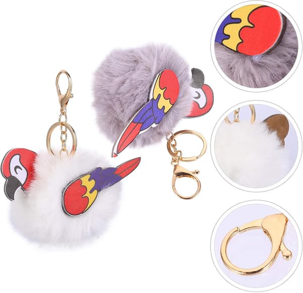 Sæt med 2 fluffy pom-pom nøgleringe, dyrenøgleringe, pom-pom nøgleringe, fluffy fuglenøgleringe