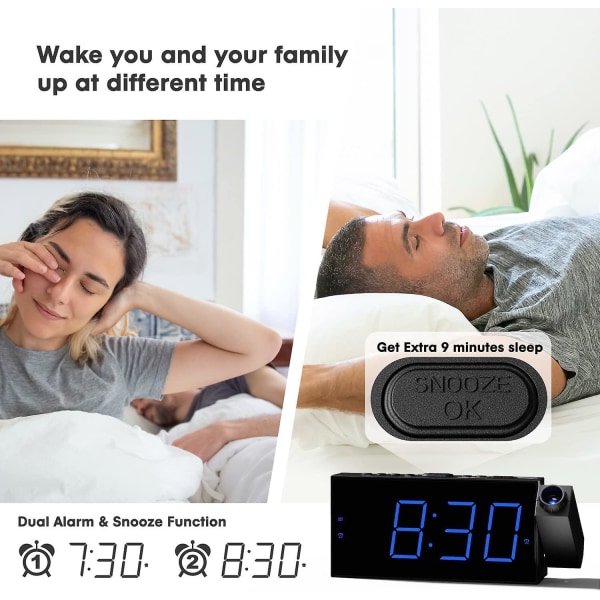 Projektionsväckarklocka för sovrummet, väckarklocka med projektion i taket med USB laddarport, 180projektor & dimmer, dubbel högljudd sängklocka Proje