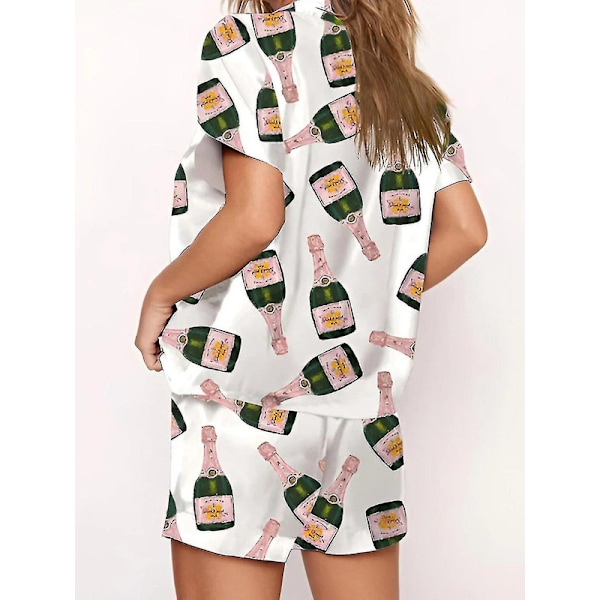 Champagne Flasker Knap Pyjamas Sæt Kvinder Trykt Kortærmet 2 Dele Blød Løs Casual Nattøj TA XL