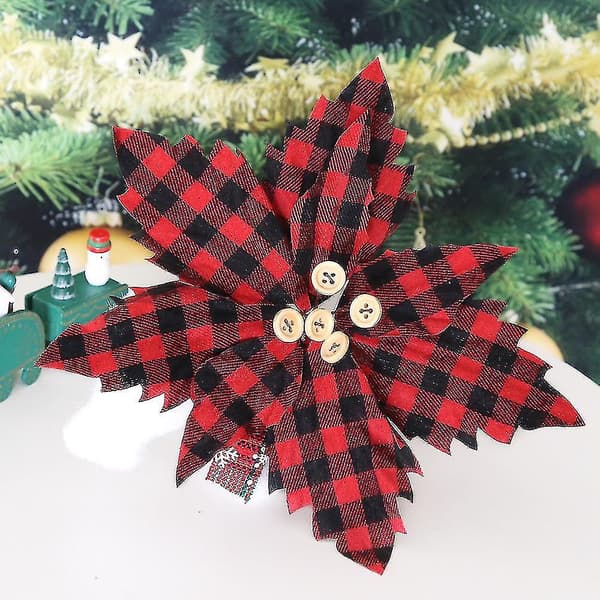 Julepynt Bomuld Rød Og Sort Gitter Juleblomst Diy 5stk Rød