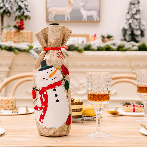 Julvinflaskväska Jultomten Snögubbe tecknat mönster imitation linne julsäckspackning för festival Snowman