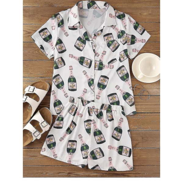 Champagne Flaskor Knapp Pyjamas Set Kvinnor Tryckt Kortärmad 2 Delar Mjuk Lös Casual Nattkläder  TA XL
