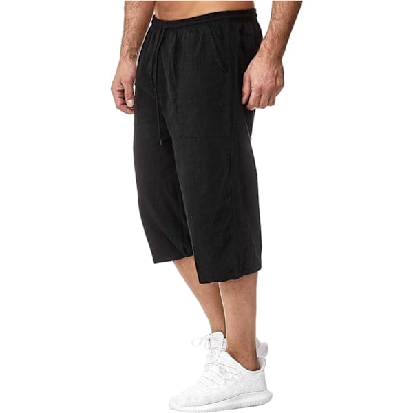 Herre Bomuldslinned Shorts Sommer Casual Løs Pasform Shorts Cargo Bukser M Black