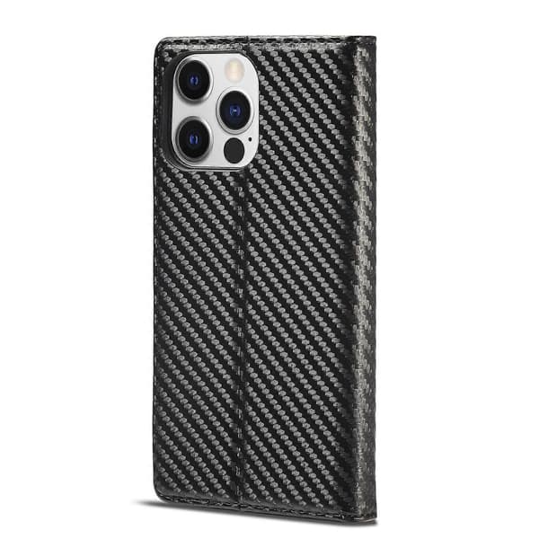 För iPhone 14 Pro LC.IMEEKE Kolfiber PU + TPU Läderfodral Vertical Black
