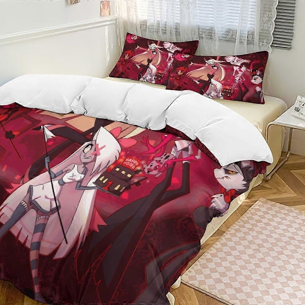c335 Hazbin Hotel Helluva Boss -vuodevaatesetti, peittopussi, mukava ja kevyt sarjakuva-vuodevaatesetti, 3-osainen sänkysetti, yhden hengen (1 peittopussi ja 2 tyynyliinaa) 200x200cm 78x78in