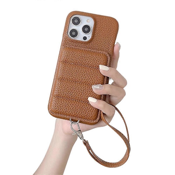 iPhone 14 Pro -kotelo korttipaikoilla, jalustalla, PU-nahasta ja PET:stä, rannehihnallinen Multicolor Dark Brown