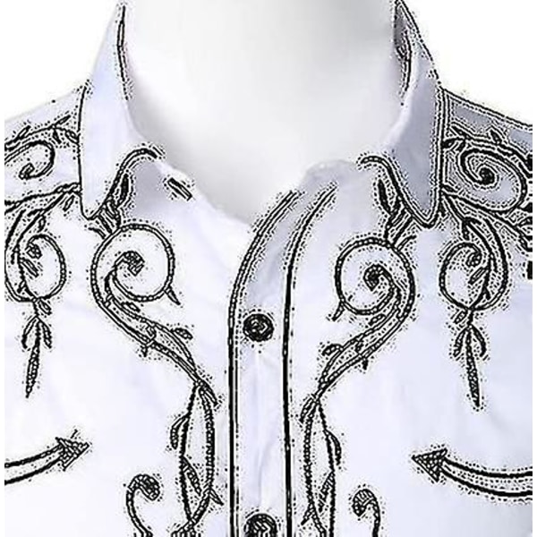 Herre Western Cowboy Skjorte Brodert Langærmet Casual Slim Fit Button Down Skjorte white L