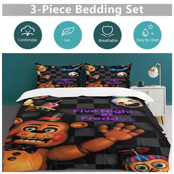 x263 Five Nights at Freddy's FNAF Dynetrekk Mikrofiber Sengetøy Sett 3D Trykt Lettvekt 3-delt Dynesett, 1 Dynetrekk og 2 Puter 240x260cm 94x102in