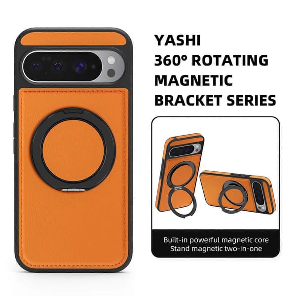 Compatible with Google Pixel 10 Pro XL Case with Ring Stand Compatible with MagSafe PU Leather Back Orange Orange Orange