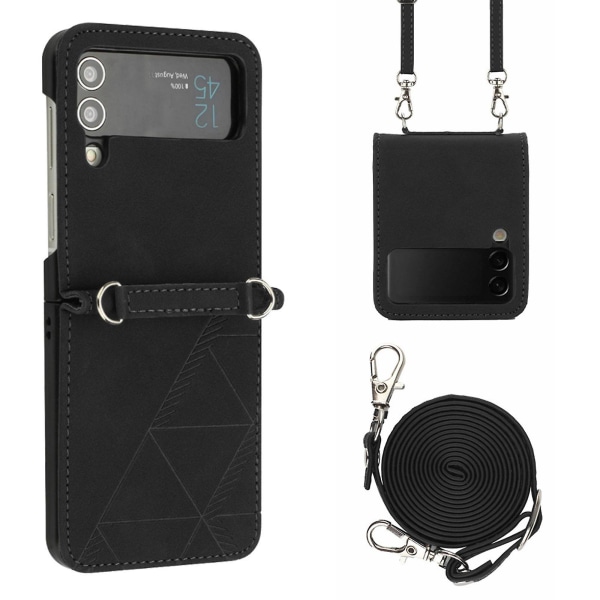 Case Compatible With Samsung Galaxy Z Flip 4, Hard Pc Frame + Pu Leather Shockproof Cover With Crossbody Lanyard Black For Galaxy Z Flip 4