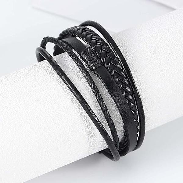 Herrearmbånd i ægte læder - Unisex læderarmbånd med flettet flerlags magnetlås - Reb armbånd til mænd og kvinder