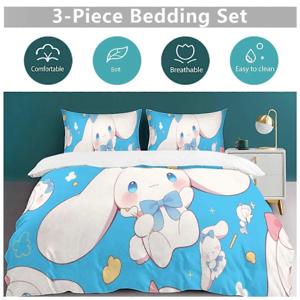 v1097 Cinnamoroll Dynesett Tykk Myk 3 Deler Sengetøy Sett Helårs Dynetrekk med 2 Putetrekk for Voksne Kvinner Jenter Tenåringer Hjem Rom Dekor io 135x200cm 53x78in