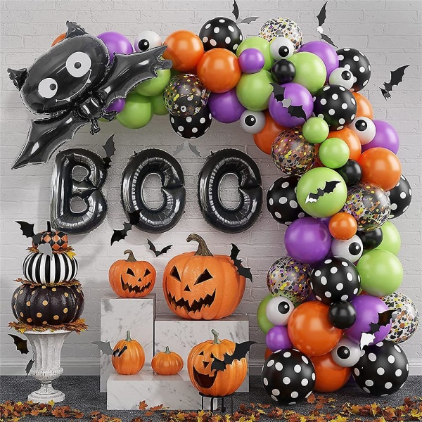 Halloween Ballong Garland Arch Kit med ögonglobsballonger, Boo & Fladdermus folieballong, 3d Fladdermusklistermärken för Halloween-temafest Baby Shower Inredning