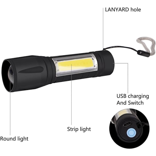 1 st Cob ficklampa Handhållen ficklampa Nödficklampor Ficklampa för utomhus USB-laddad ficklampa