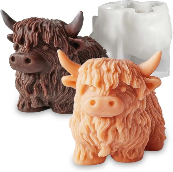 Highland Ko-formede silikoneforme til harpikslys sæbe, 3D Ko-dyr lysforme til lysfremstilling, Unik fondant chokolade kagepyntform