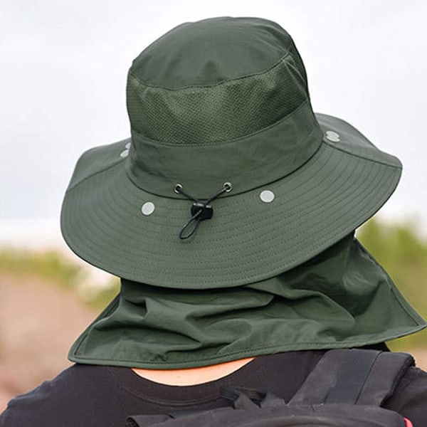 Fiskehat til mænd og kvinder, udendørs Uv-solbeskyttelse Bred skygget hat med ansigtsdæksel & nakkeklap Army Green