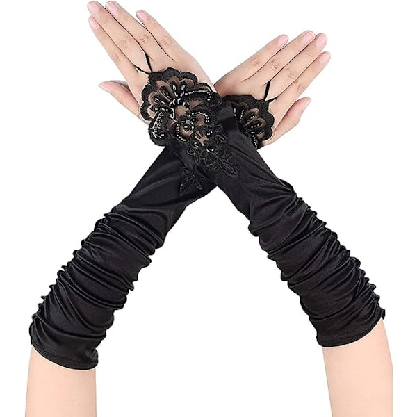 1 par lange elastiske fingerløse hansker for kvinner Blonder Opera Kveldshansker Satenghansker for Halloweenfest, bryllup, konsert (svart)