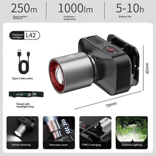 Supersterk LED Zoom Hodelykt USB Oppladbar Hodelykt Hodelykt~ V5F7 ABS head 1pcs