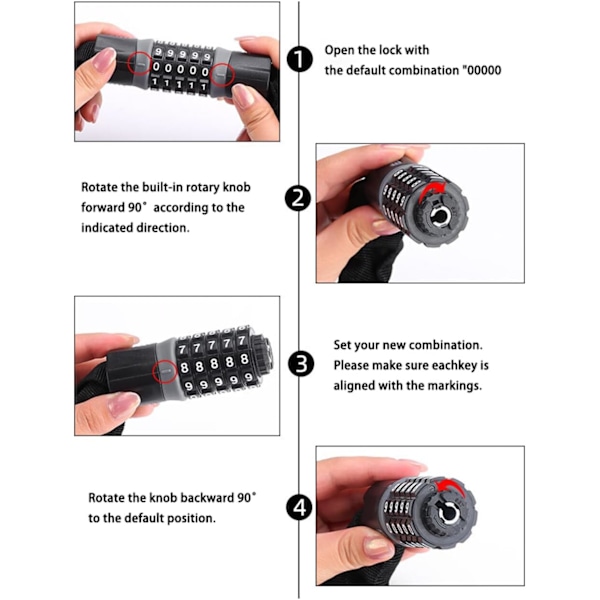 Cykelkombinationslås - 60CM kæde - 5-cifret kode nulstillelig 10.000 koder - Stærk tal kombination cykellås - til cykel & e-cykel