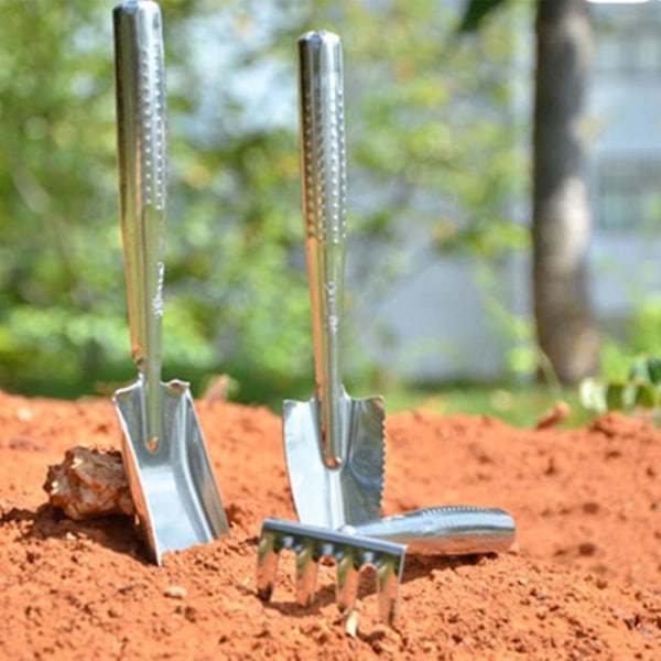 Rustfrit stål 3 stk. sæt mini haveplante potte værktøjer lille håndholdt skovl spade rive til sukkulenter kaktus urter indendørs miniature planter