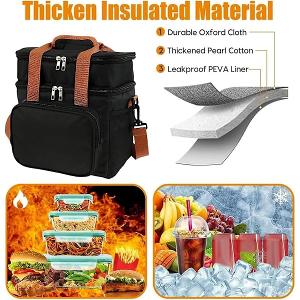 Isoleret mad køletaske dobbelt frokosttaske skuldertaske 27,5X25X18Cmfor egnet til rejser, strandcamping og fiskeri (sort)