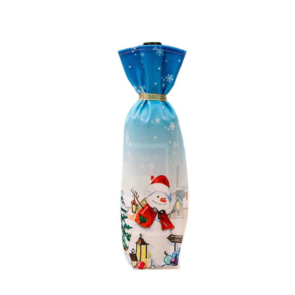 Julegavepose til vinflaske med julemotiv av julenissen, snømann og reinsdyr Snowman