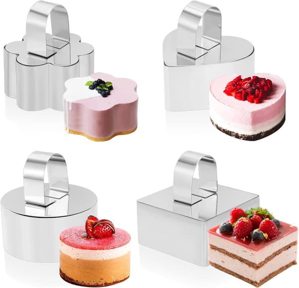 Sæt med 4 runde kageringe i rustfrit stål, mousse- og kageforme, med skubber og stempel.